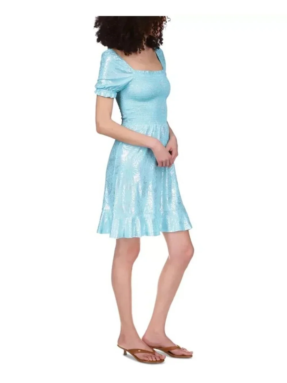 Michael Kors Shiny Foil-Print Smocked Peasant Dress Turquoise Blue Size S $125